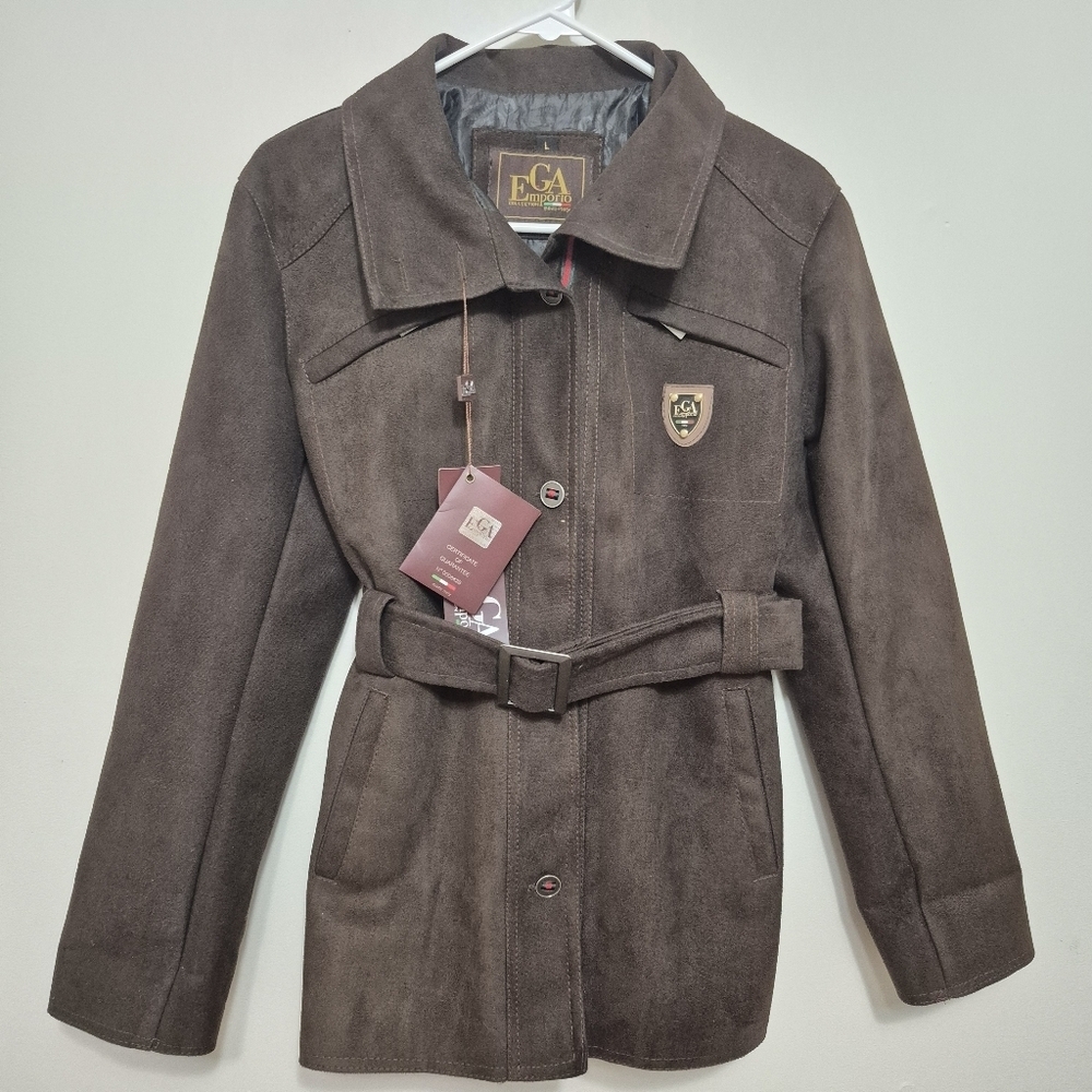 NWT EGA Emporio Women's Quiet Luxury Brown Faux Suede Belted Jacket Size L - Picture 2 of 13